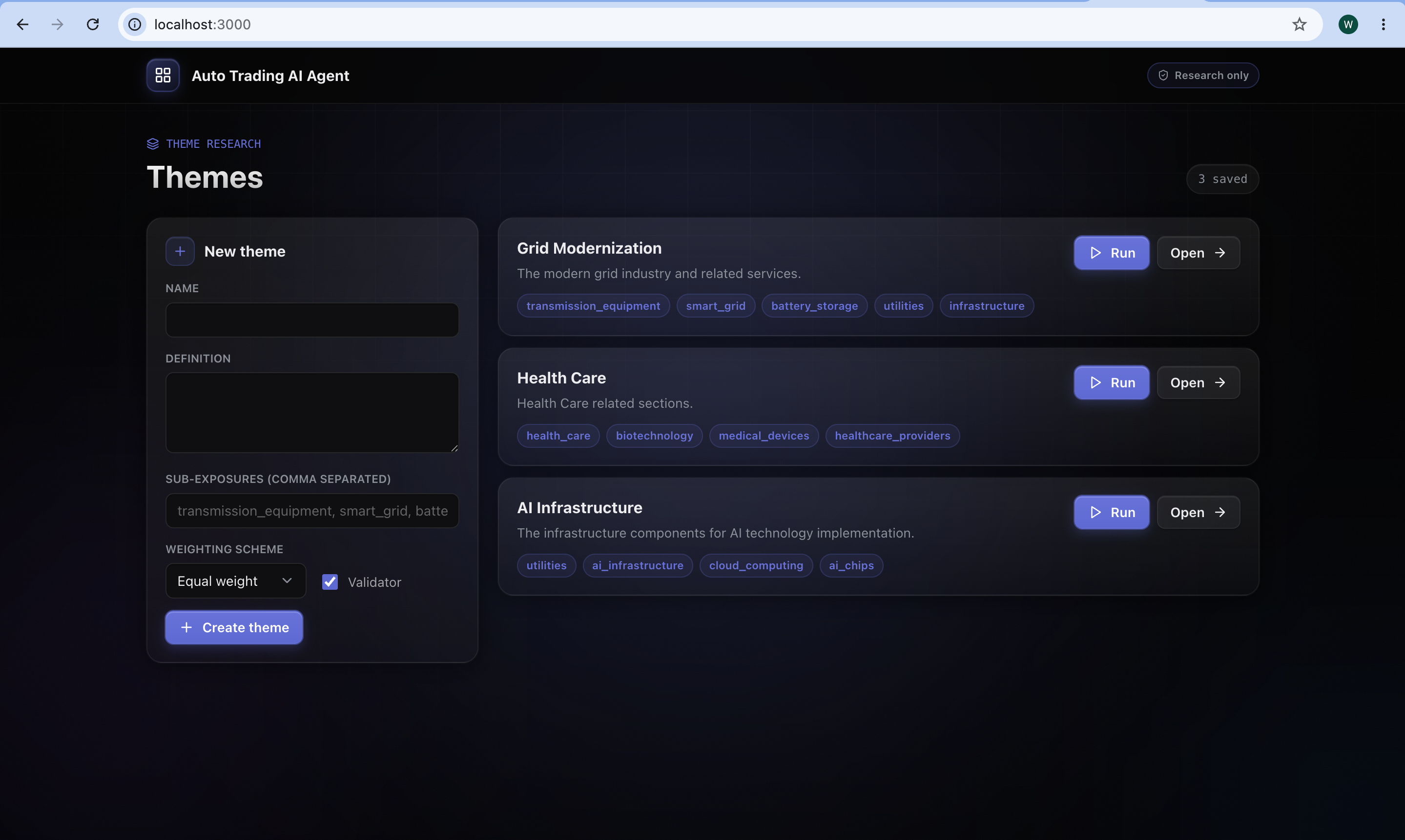 Auto Trading AI Agent homepage showing the theme research workspace