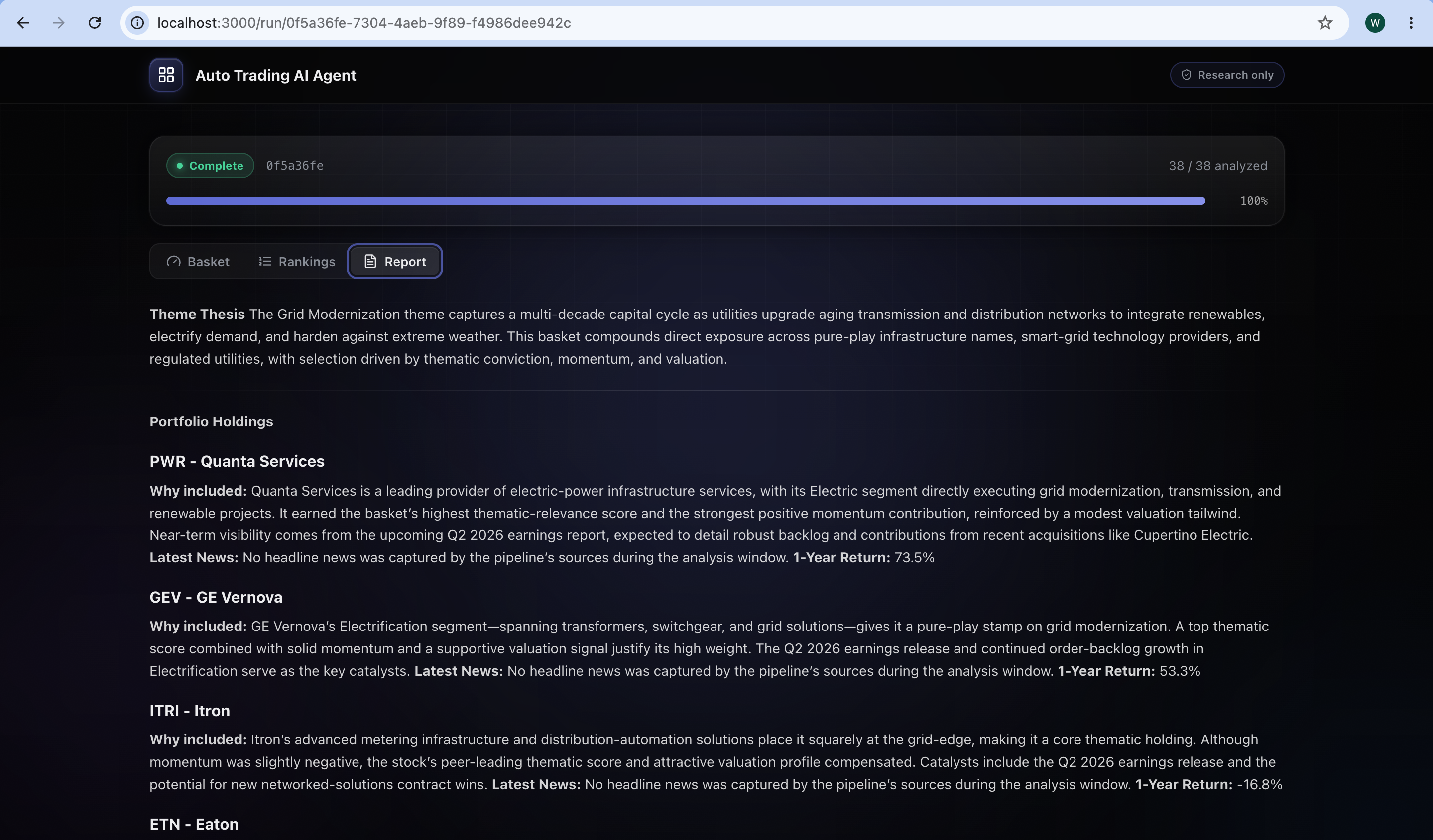 Auto Trading AI Agent rationale report with factor breakdowns and citations