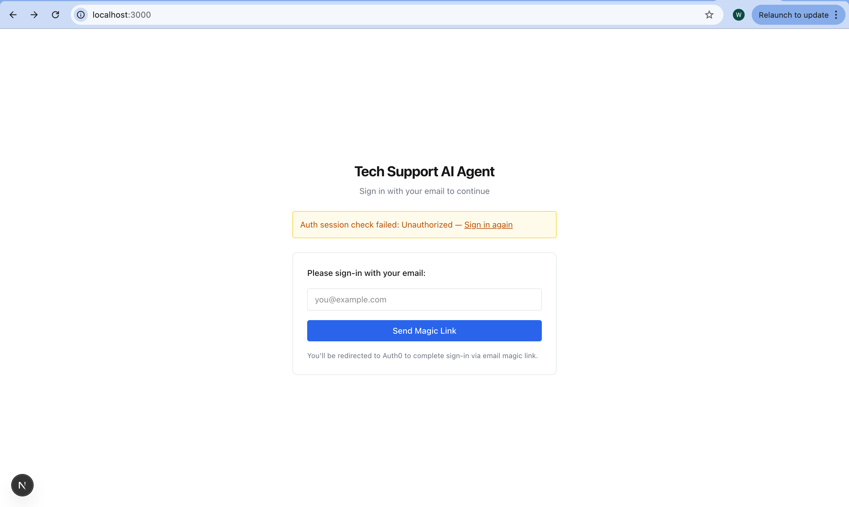 Tech Support AI Agent login page for account-scoped access
