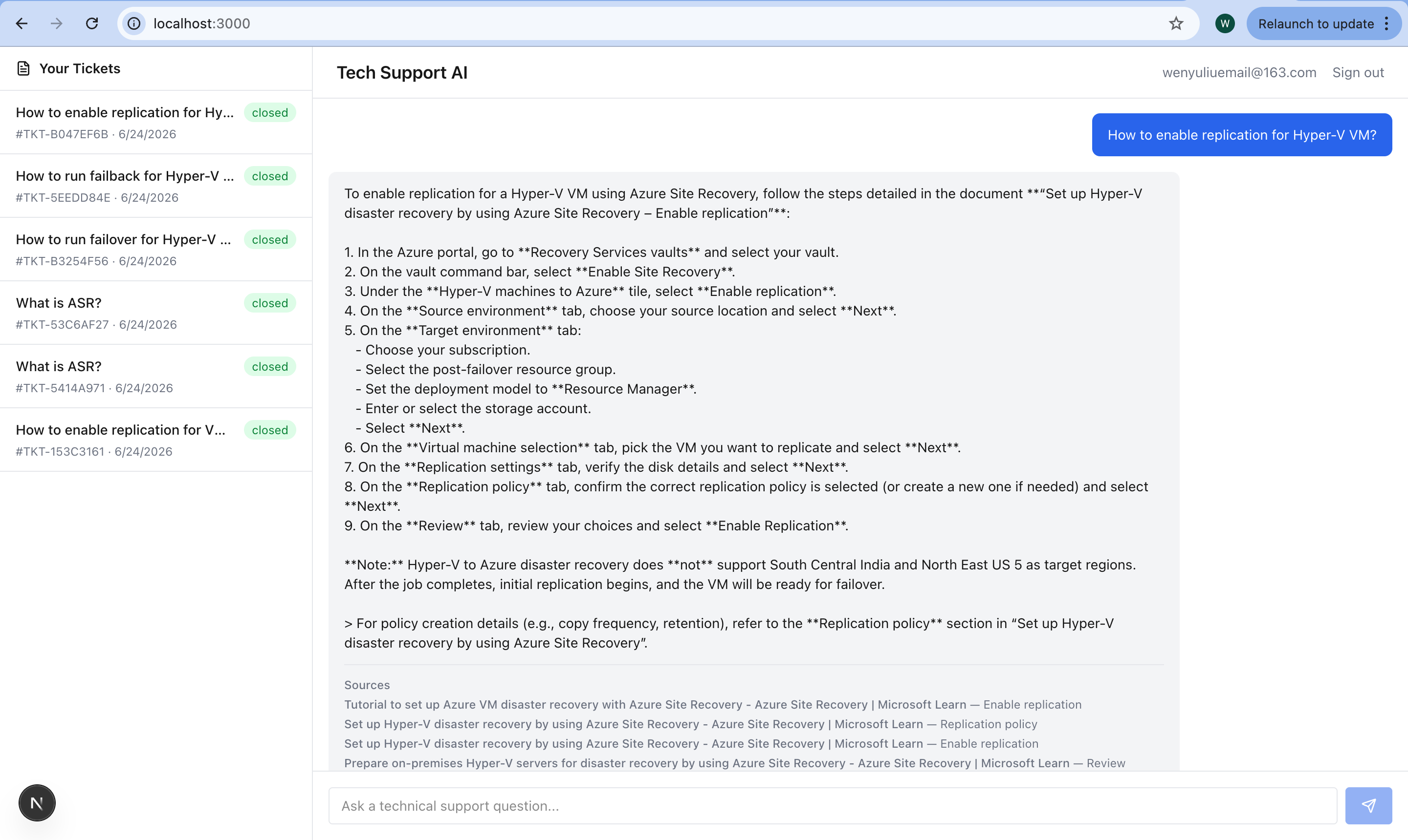 Tech Support AI Agent chat interface with grounded cited answer and ticket context